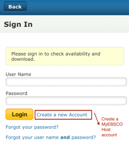 Image of page where you can create a MyEbscoHost Account