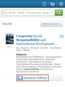 Image of eBook search in Ebscho Ebooks App